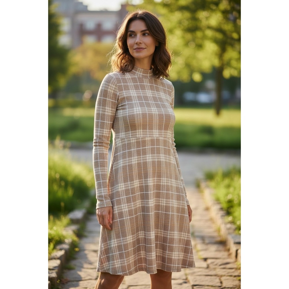 SO Women Tan White Plaid Mock Neck Long Sleeve Ribbed Knit A-Line Dress XS